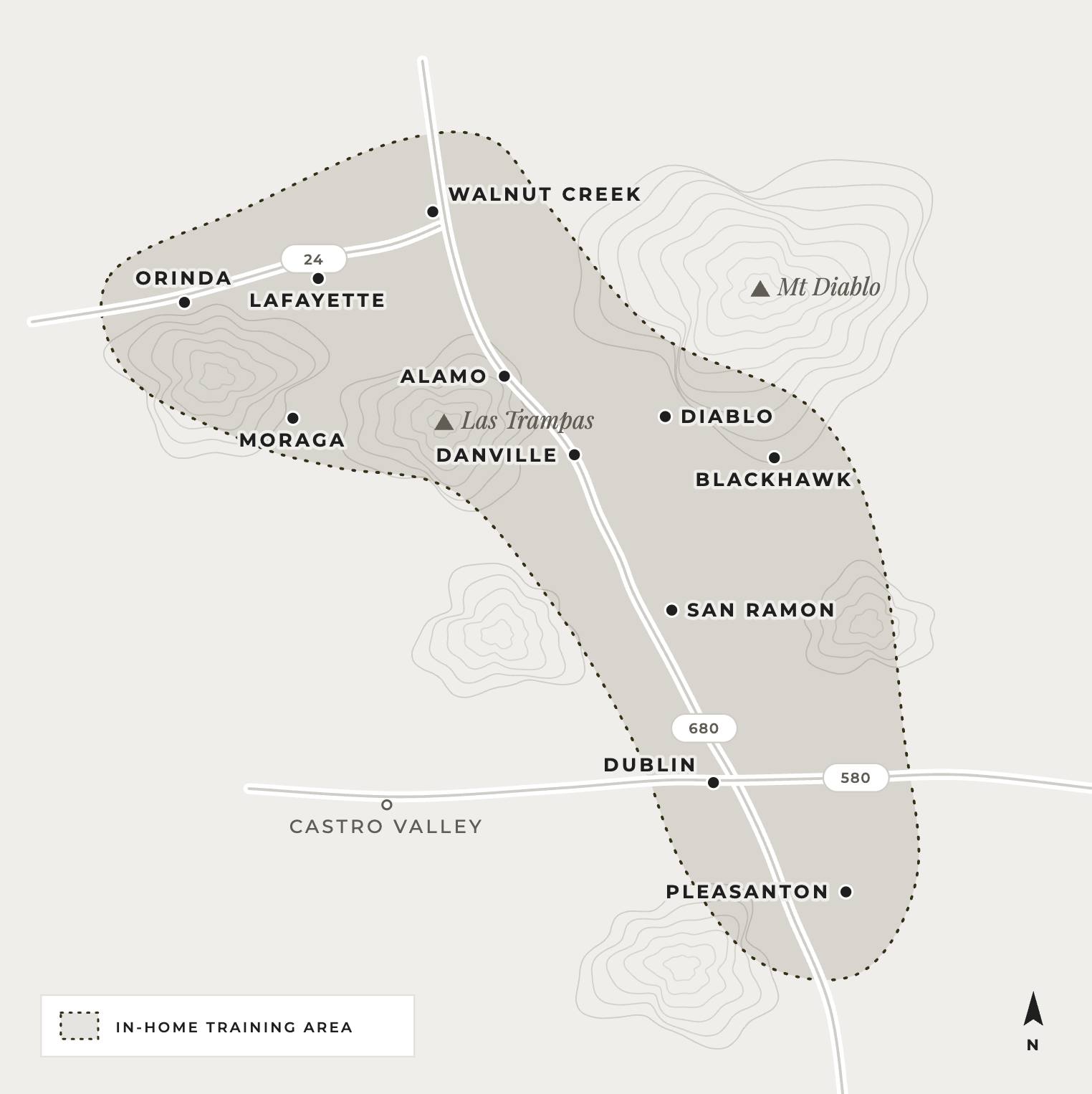 Map of Erika's in-home training area, from Orinda and Walnut Creek down to Dublin and Pleasanton