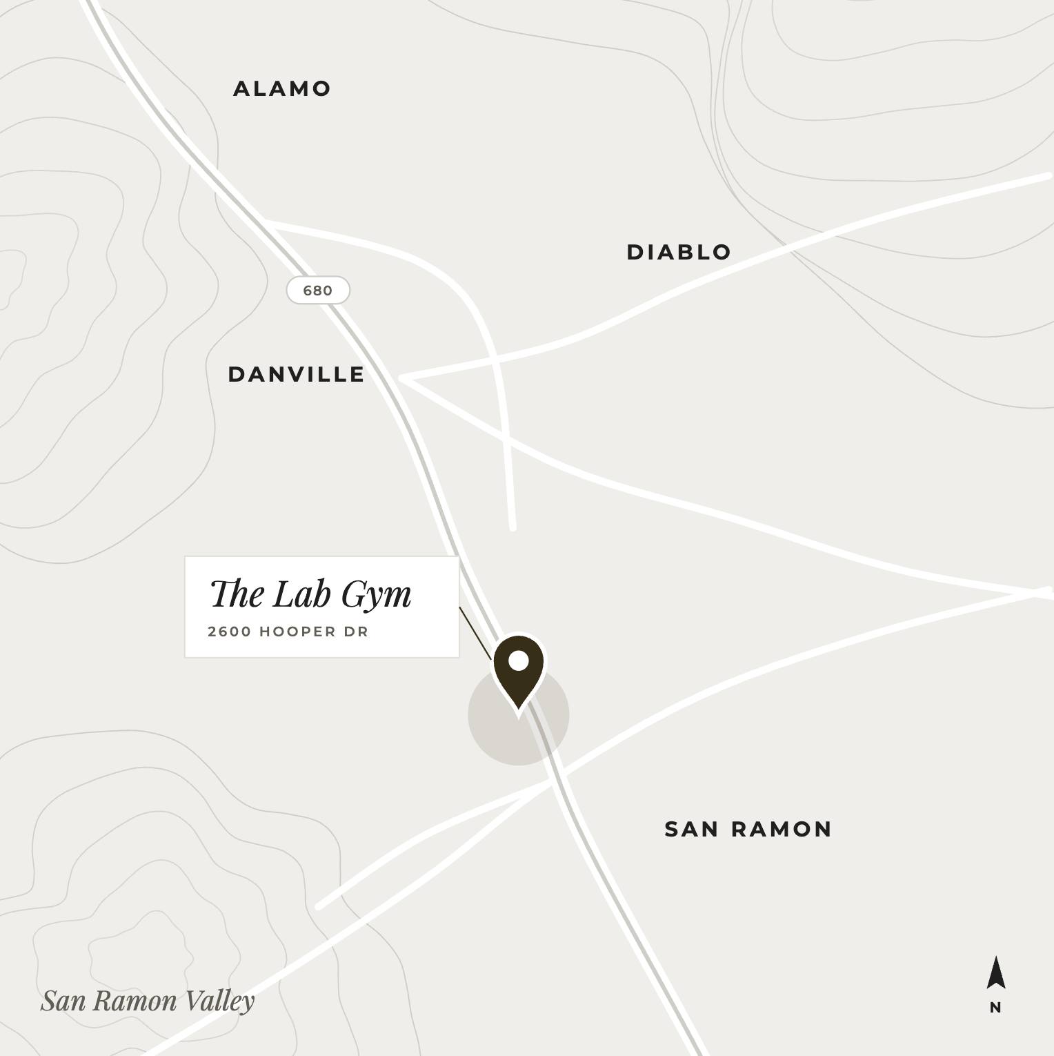 Map showing The Lab Gym at 2600 Hooper Dr in San Ramon, between Danville and Dublin