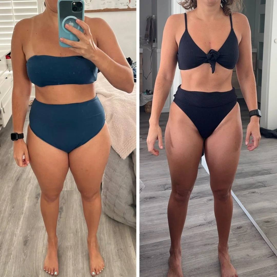 Before and after front-view photos of a coaching client in navy swimwear