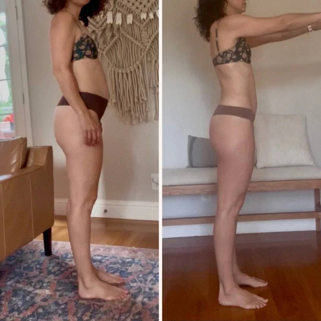 Before and after side-view photos of a coaching client standing in a living room