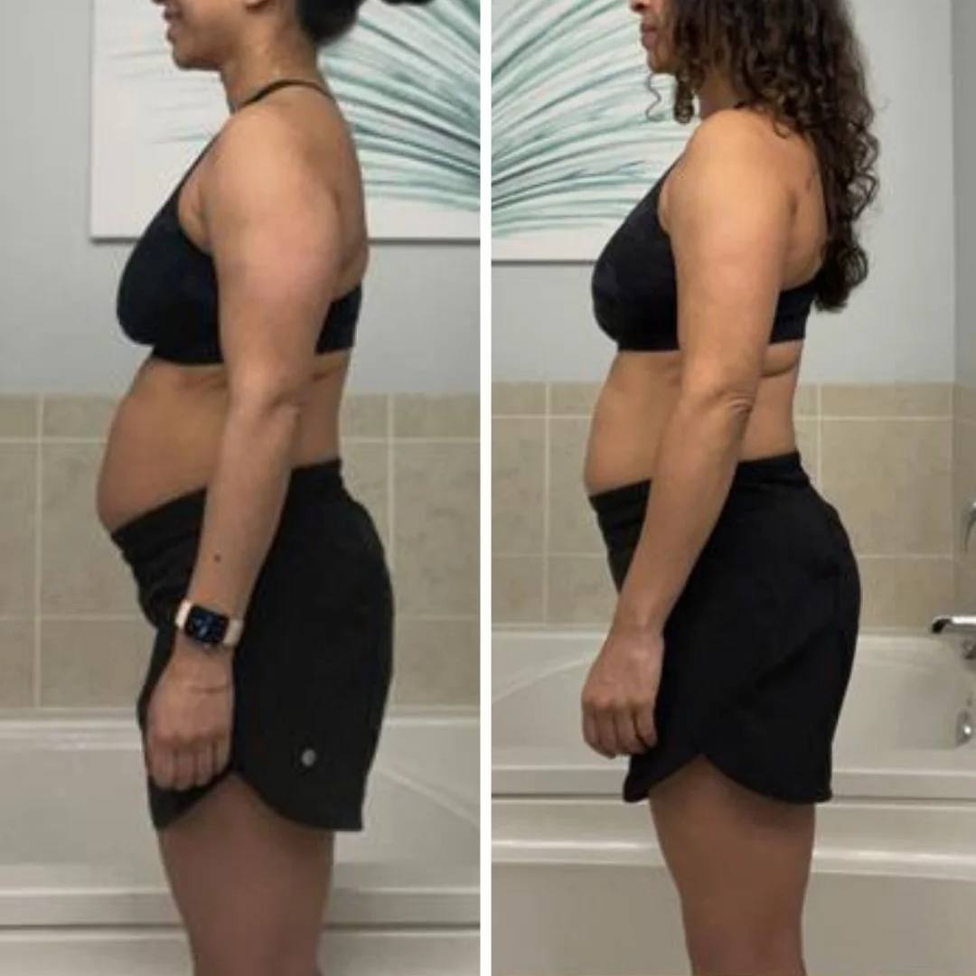 Before and after side-view photos from 14 weeks of coaching