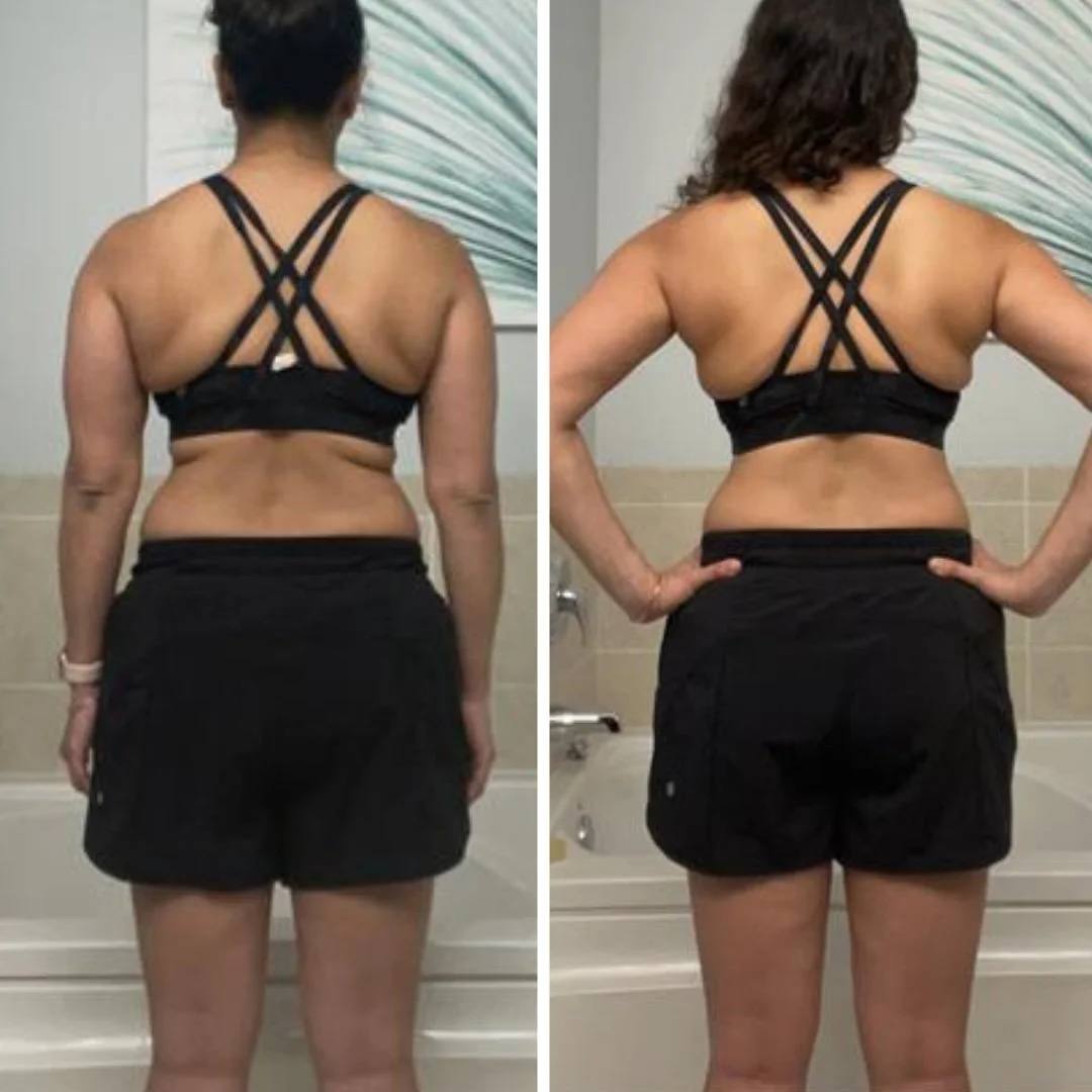 Before and after back-view photos from 14 weeks of coaching