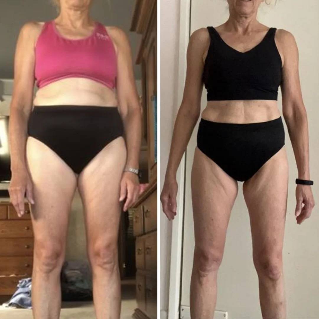 Before and after front-view photos from 41 weeks of coaching