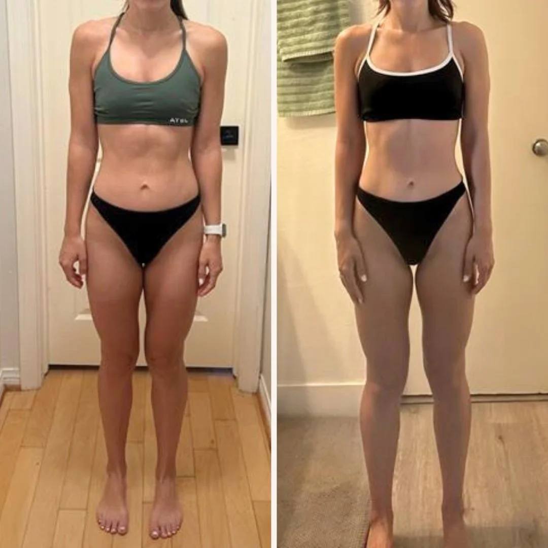Kayle's before and after front-view photos from a 14-week reverse diet