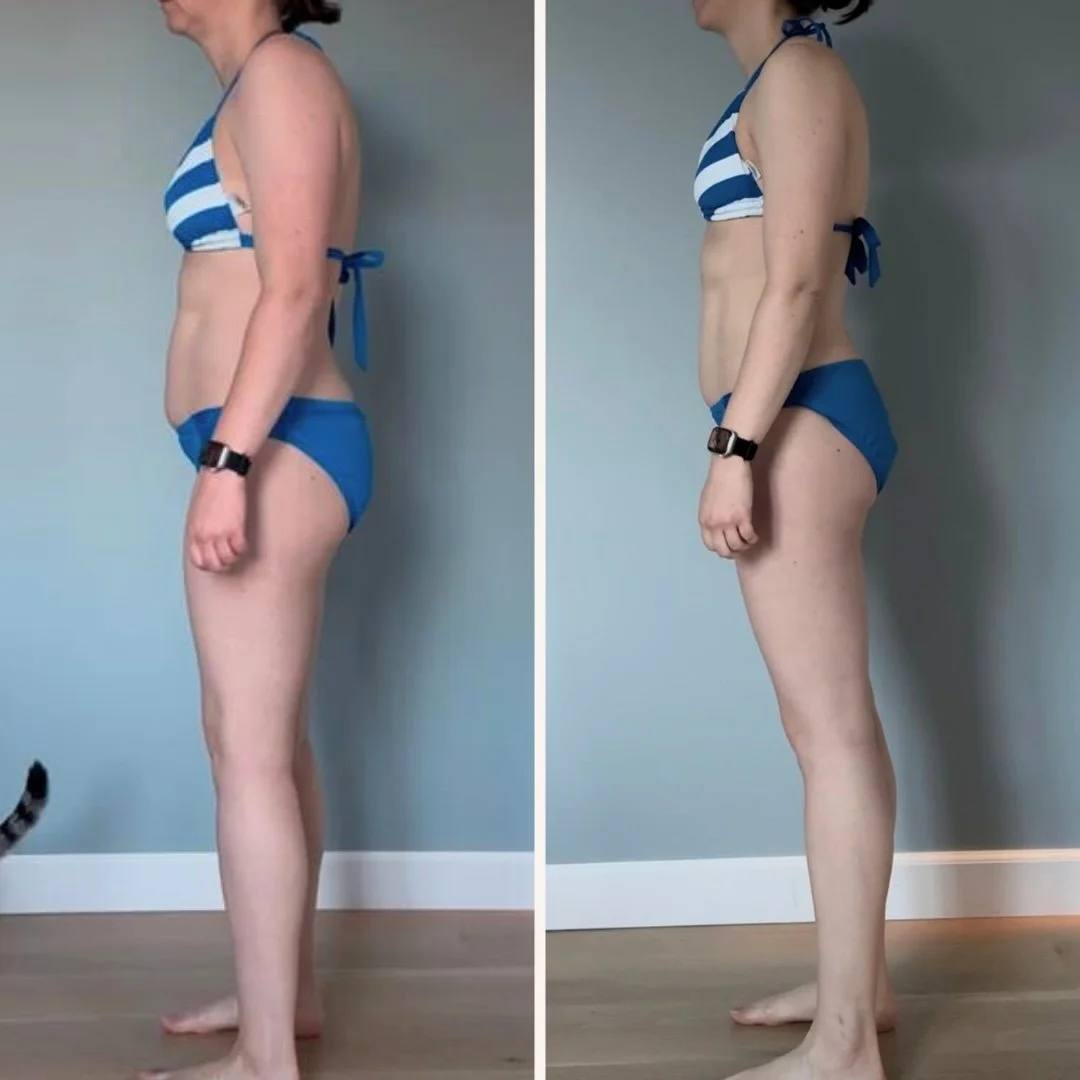 Nicolle's before and after side-view photos from a 10-week fat-loss phase